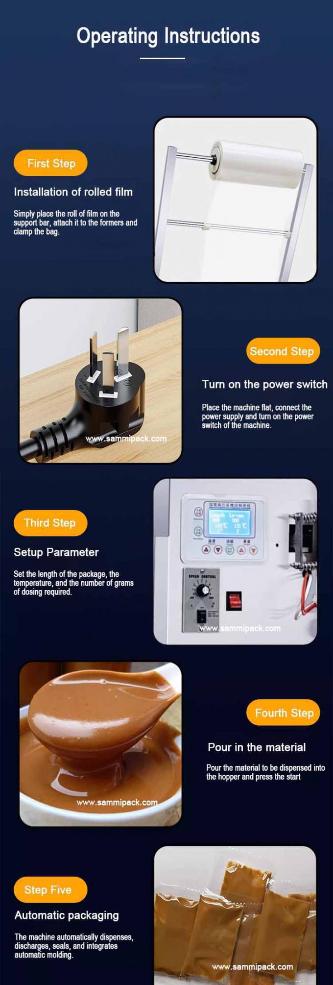 Maszyna pakująca do saszetek z czterostronnym zgrzewem, do pakowania żywności, małych torebek, płynnych sosów, ketchupu, 220V/50Hz 4